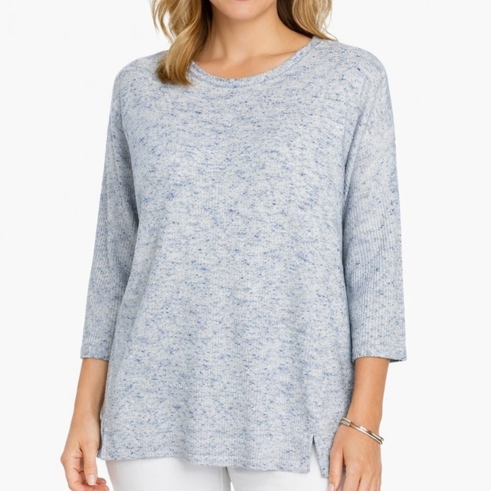 Liz Claiborne Blue Speckled Knit Tunic Top Size Large Ribbed Sleeve Lightweight